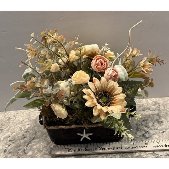 Spring Silk Floral Arrangement Black Ceramic Vase Nautical Decor - Picture 3 of 7